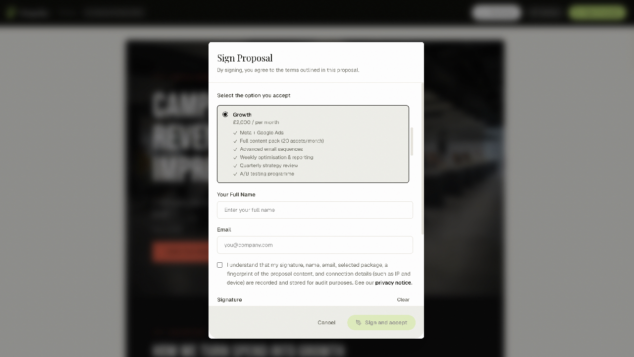 Tiered pricing columns in a Propelio proposal, with the client selecting their preferred package