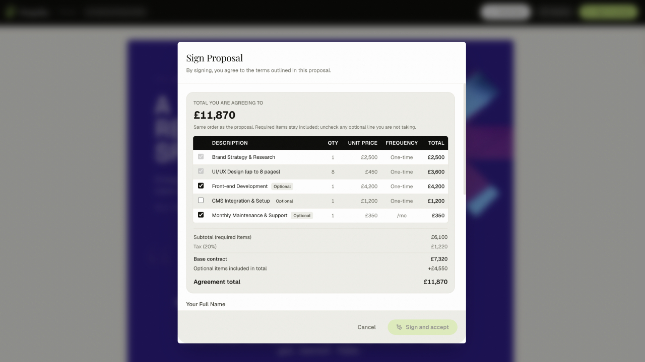 Optional add-on services in a Propelio pricing table, with a monthly and annual pricing toggle