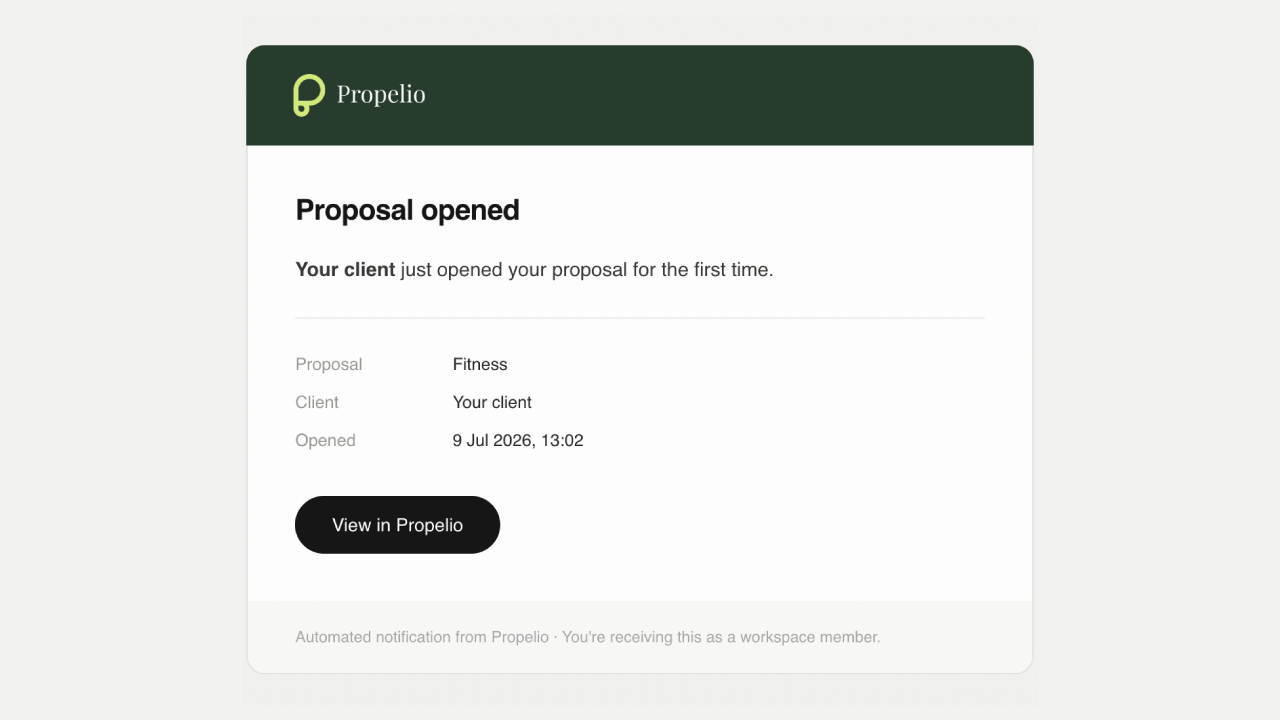 A Propelio notification showing that a client has opened and viewed a proposal
