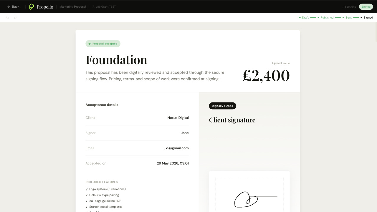A client signing a proposal in the browser in Propelio, with the terms and signature block visible